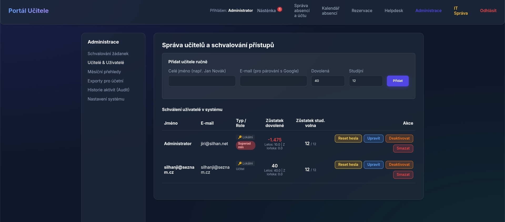Správa učitelů a schvalování přístupů