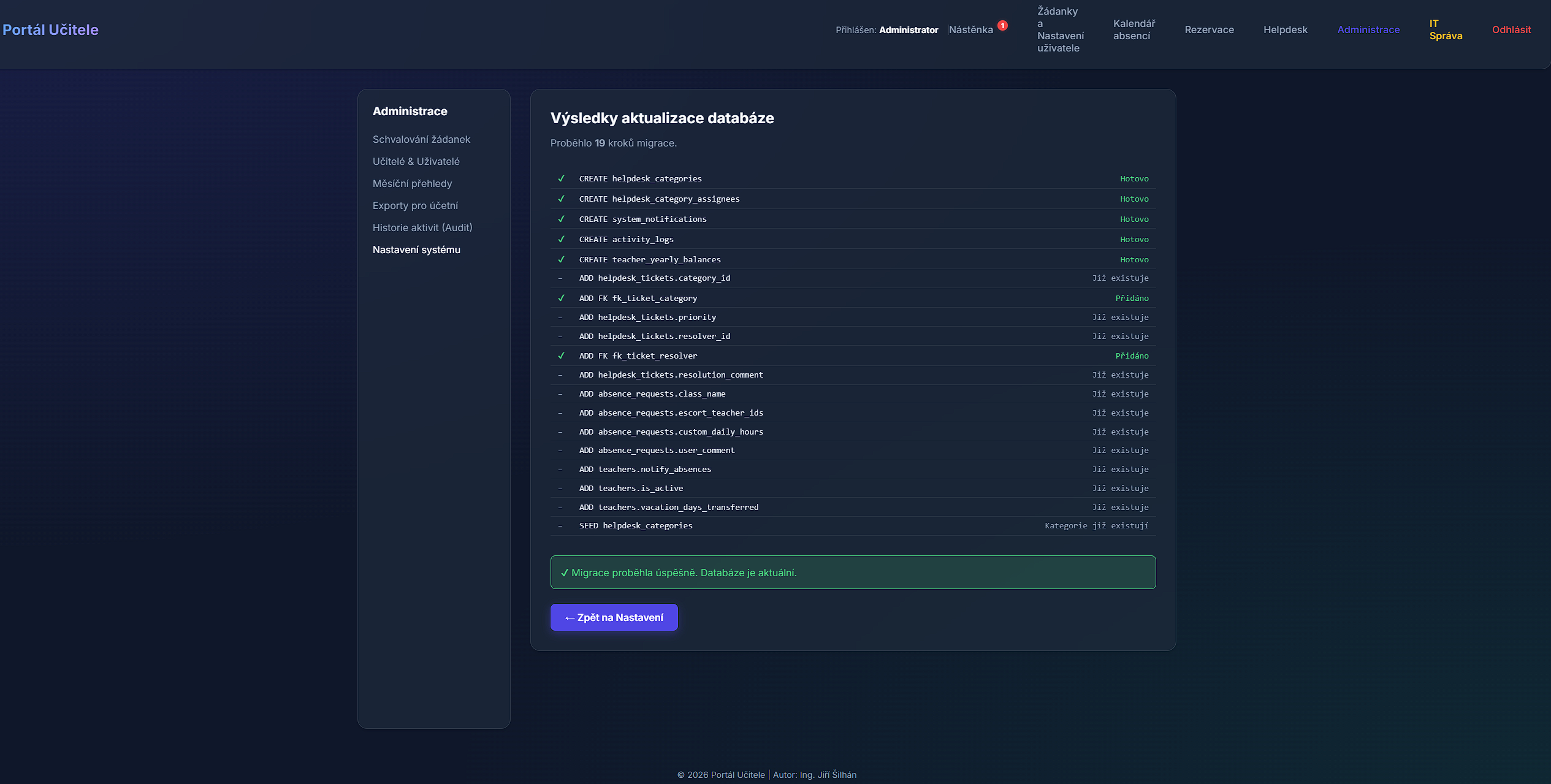 Migrace databáze a aktualizace systému