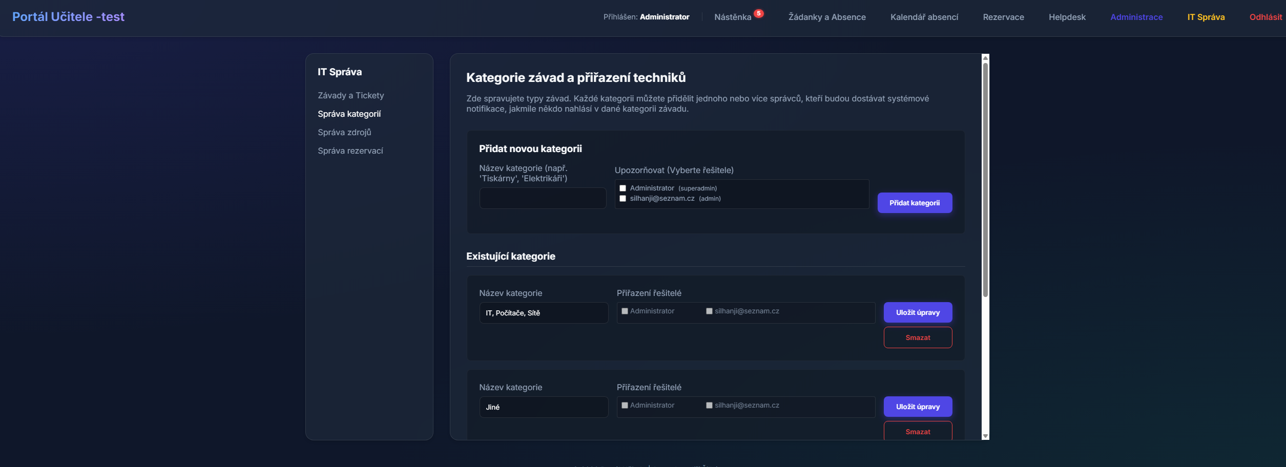 Kategorie závad a notifikace